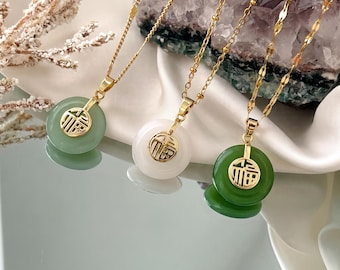 Jade Circle Pendant Necklace • Green & White Buddha Light Jade • Bestie Birthday Gift • Gold Lucky Fu Charm • Fortune Jewelry • Gift for Her