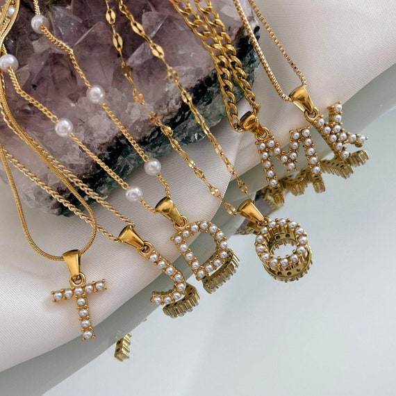 Personalized Pearl Initial Charm Necklace, Gold Letter Pendant - Main Image