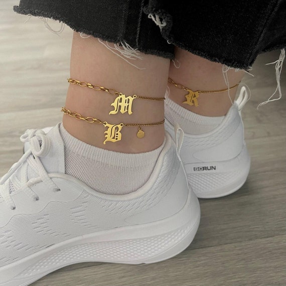 Gold Old English Letter Anklet, Personalized Name Anklet, Birthday