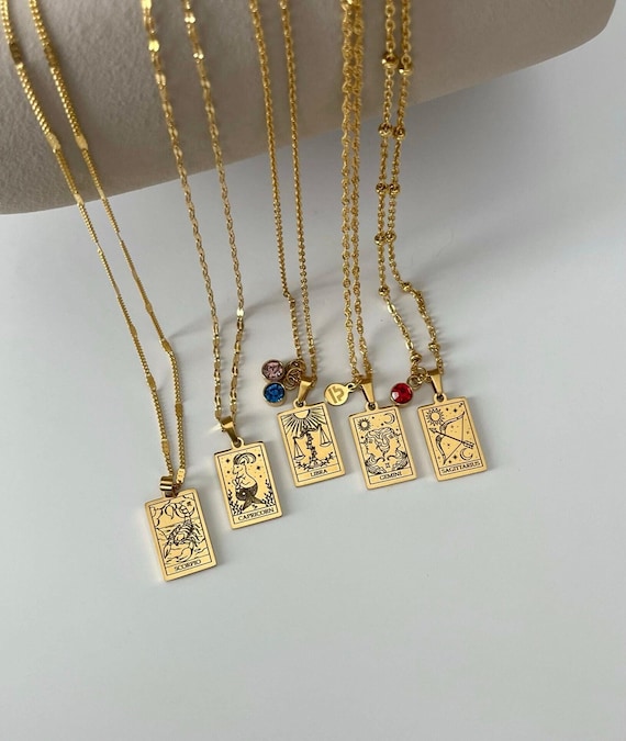 Tarot Zodiac Pendant Necklace With Engraving, Gift for Moms
