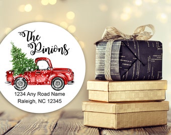 Christmas Truck Address Labels | Vintage Red Truck Address Stickers | Personalized Address Labels | Rustic Round Mailing Labels | Set of 24