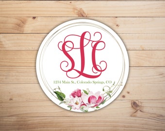 Floral Monogram Personalized Stickers | Watercolor Flower Initial Labels | Seals | Address Labels | 2" Round | Set of 24