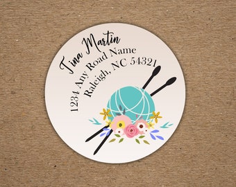 Knitting Personalized Return Address Labels | Needle Craft Labels | Envelope Seals | Address Label Sticker | 2" Round | 24 Labels