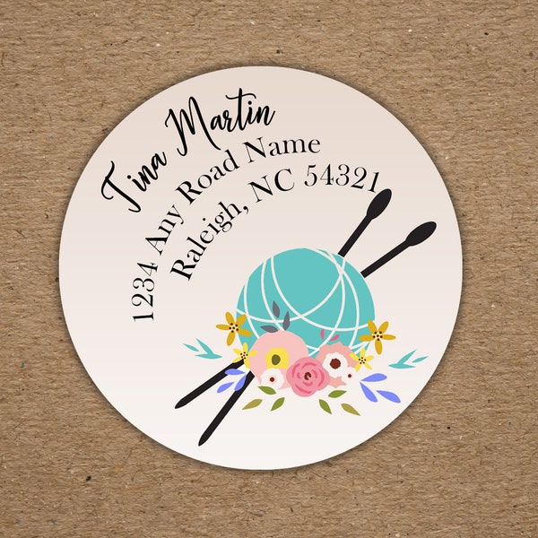 Knitting Personalized Return Address Labels | Needle Craft Labels | Envelope Seals | Address Label Sticker | 2" Round | 24 Labels