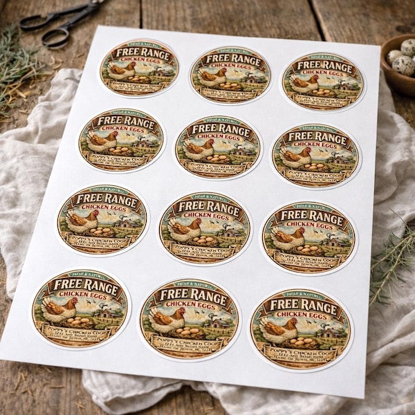 100 etiquetas personalizadas / Etiquetas vintage para cartones de huevos frescos de gallinas camperas