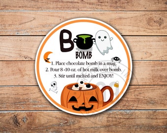 100 Labels | Boo Halloween Pumpkin Hot Chocolate Bomb Stickers | Hot Cocoa Labels | Hot Chocolate Bomb Instructions | 2" Round