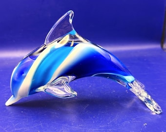 Art Glass Dolphin Figurine Cobalt Blue White Swirl Paperweight Nautical Decor 6"