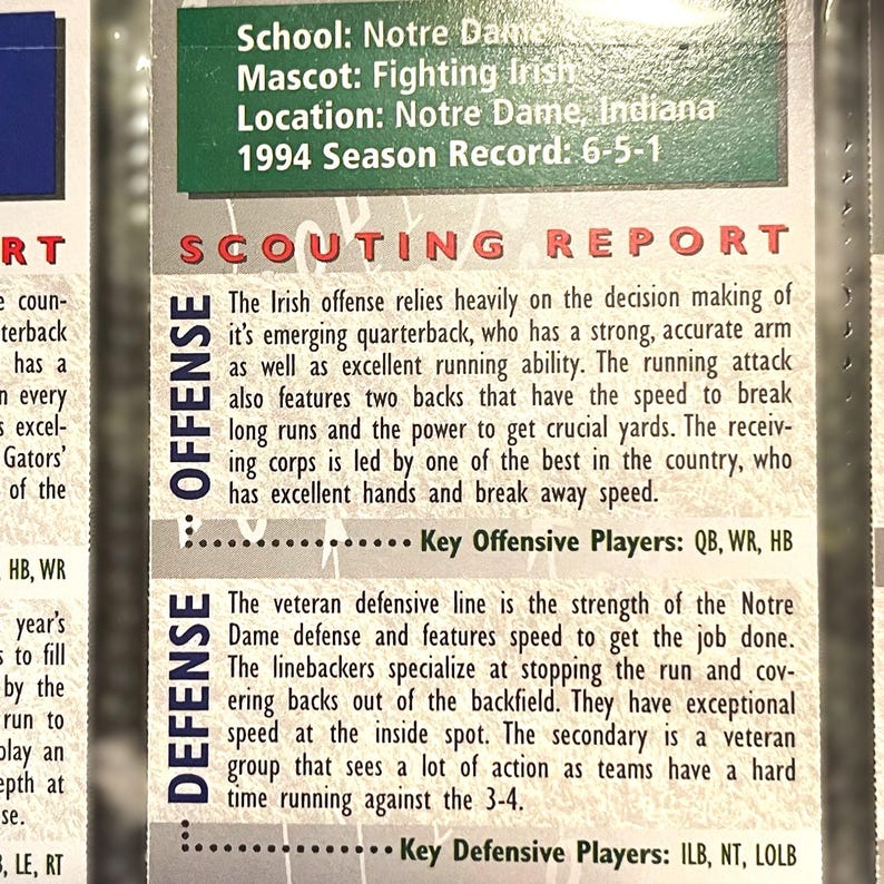 May include: A close-up of a printed card with text about the Notre Dame Fighting Irish football team. The card includes the school's name, mascot, location, and 1994 season record. It also features a scouting report on the offense and defense.