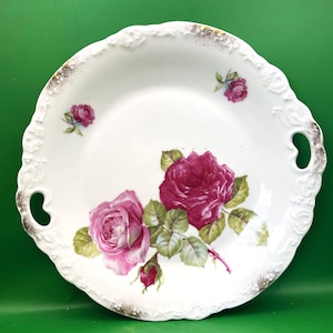 Antique/Vintage Porcelain Cake Plate Charger Pink Rose Floral Embossed Cut Outs