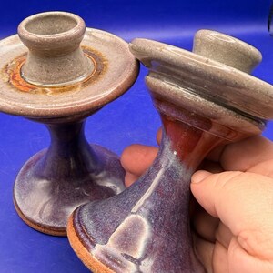 Studio Pottery Candle Holders Purple Blue Stoneware Signed 4.5" Artisan 1990s