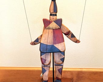 Hand Carved Stained Wood Clown Marionette Puppet 19" Articulated Folk Art MCM