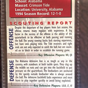 May include: A vintage sports card featuring the Alabama Crimson Tide. The card includes team details, the 1994 season record, and a scouting report on offense and defense, with key players listed.