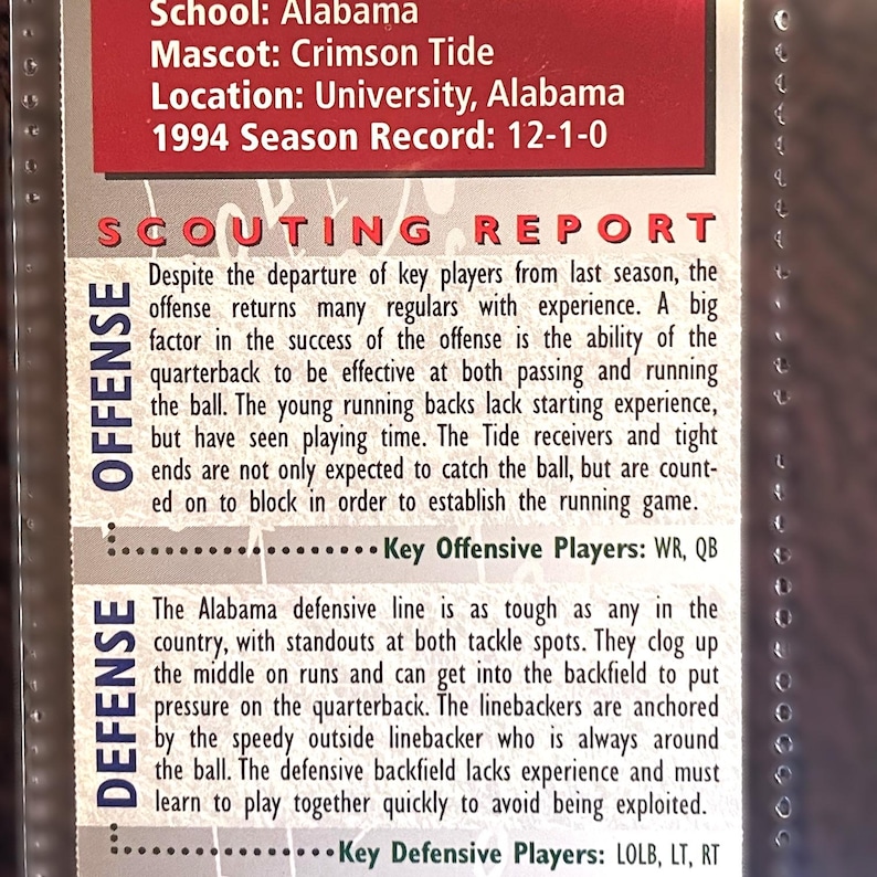 May include: A vintage sports card featuring the Alabama Crimson Tide. The card includes team details, the 1994 season record, and a scouting report on offense and defense, with key players listed.