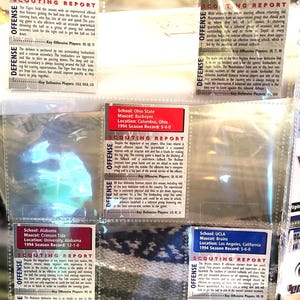 May include: A collection of football scouting reports from the 1994 season, featuring teams like Auburn, Alabama, Ohio State, West Virginia, and UCLA. Each report includes team records, key players, and offensive/defensive strategies.
