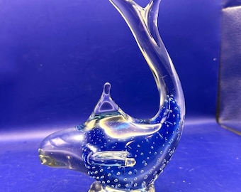 Art Glass Whale Figurine Controlled Bubble Blue Paperweight Nautical Décor 7"