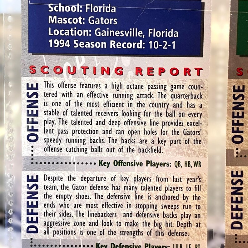 May include: A sports trading card with text that reads "School: Florida, Mascot: Gators, Location: Gainesville, Florida, 1994 Season Record: 10-2-1." The card also includes a scouting report on offense and defense.