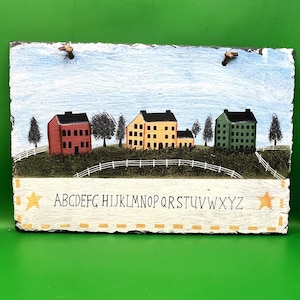 VTG Handmålad Skifferskylt Primitiv Folkkonst Lantligt Skola ABC 12x8