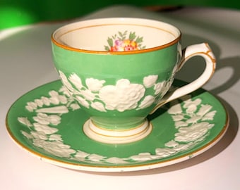 Antique George Jones Sons Rhapsody Green Demitasse Cup Saucer Embossed Floral