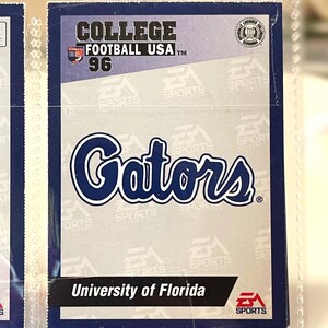 May include: A trading card featuring the University of Florida Gators. The card has the text "COLLEGE FOOTBALL USA 96" at the top. The word "Gators" is in a large, stylized font. The bottom of the card reads "University of Florida".