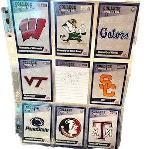 May include: A collection of College Football USA '96 trading cards in a binder. The cards feature team logos and mascots from various universities, including Wisconsin, Notre Dame, Florida, Virginia Tech, USC, Penn State, Florida State, and Texas A&M.