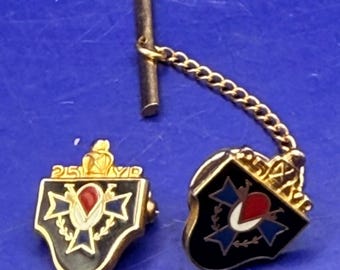 Vintage 25 Year Service Pin Tie Tack Set Gold Tone Blue Enamel Red Cross Shield