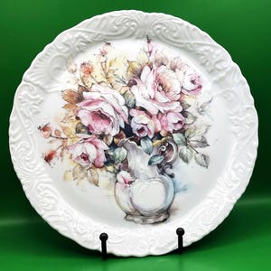 Floribunda Roses & Peonies Decorative Floral Plate Hand Painted Embossed 9&quot; Dish