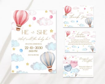 Hot Air Balloon Gender Reveal Invitation Bundle: Editable Canva Template (Digital Download