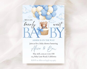 Teddy Bear Air Balloon Baby Shower Invitation (Editable Template)