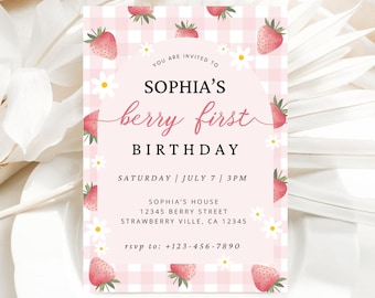 Strawberry First Birthday Invitation, Editable Canva Template (Digital Download)