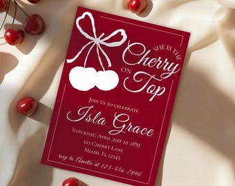 Cherry On Top Birthday Invitation: Editable Canva Template (5x7" Digital Download)