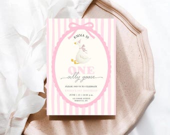 Pink Silly Goose 1st Birthday Invitation, Girl, Editable Template (Digital Template)
