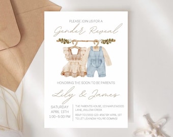 Boho Gender Reveal Invitation Template: Baby Clothes Design (Digital Download)