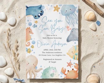 Ocean Baby Shower Invitation, Editable Nautical Beach Invite (Digital Download)