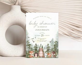Adventure Awaits Baby Shower Invitation | Woodland Theme | Editable Template
