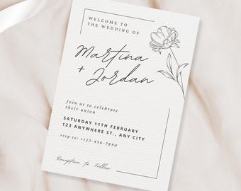 Minimalist Floral Wedding Invitation Template | Modern Calligraphy | Editable & Printable | Instant Download