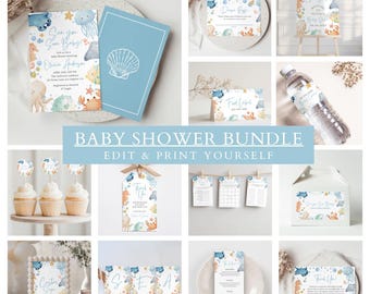 Ocean Baby Shower Bundle | Sea You Soon Theme, Editable Canva Templates (Digital Download)