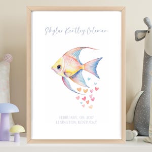 Fisch kundenspezifischer Baby-Geburtsdruck, Bärblumendekor, personalisierte hölzerne Rahmenkunst, Neugeborenengeschenk, Baby-Willkommensgeschenk, personalisiertes Kinderzimmerdekor