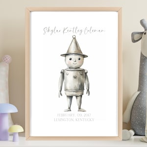 Impresión de nacimiento de bebé personalizada de Tin Man, decoración de guardería, arte con marco de madera personalizado, regalo para recién nacido, regalo de bienvenida para bebé, decoración de guardería personalizada