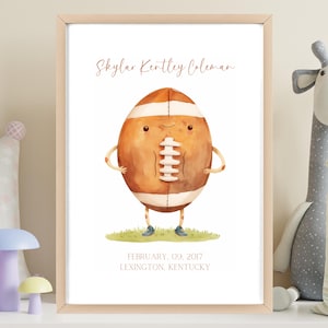 Impresión de nacimiento de bebé personalizada con diseño de fútbol, decoración de guardería, arte con marco de madera personalizado, regalo para recién nacido, regalo de bienvenida para bebé, decoración de guardería personalizada