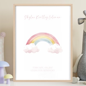 Impresión de nacimiento de bebé personalizada con arcoíris, decoración de guardería, arte con marco de madera personalizado, regalo para recién nacido, regalo de bienvenida para bebé, decoración de guardería personalizada
