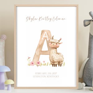 Impresión de nacimiento de bebé personalizada de alpaca, decoración de guardería, arte con marco de madera personalizado, regalo para recién nacido, regalo de bienvenida para bebé, decoración de guardería personalizada