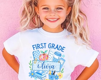 Personalized First Grade Back to School Shirt for Girls, Custom 1st Grade Name Tee, First Day Outfit, 1st Grader Kids Shirt, Girls School