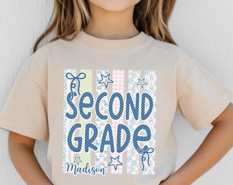 Personalized Second Grade Back to School Shirt for Girls, Custom 2nd Grade Name Tee, Bow Pencil First Day Outfit, Cute Kids Shirt