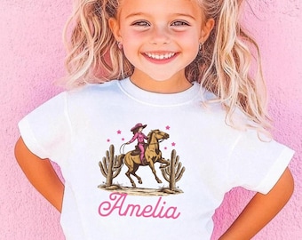 Personalized Pink Cowgirl Toddler Shirt, Custom Name Western Horse Tee, Girls Rodeo Birthday Outfit, Baby Cowgirl Gift For Kids