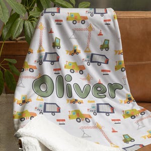 Couverture nom bébé camion de construction, décoration personnalisée pour chambre de bébé garçon, couverture thème camion à benne basculante tracteur pelle, cadeau personnel baby shower