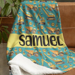Couverture nom bébé camion de construction, couverture personnalisée pour bébé garçon, couverture à thème camion à benne basculante tracteur pelle, cadeau personnalisé baby shower