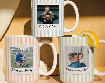 Custom Photo Striped Mug for Dad, Personalized Father and Son Picture Coffee Cup, Best Dad Gift with Name,Grandpa New Dad Gift Keepsake Gift