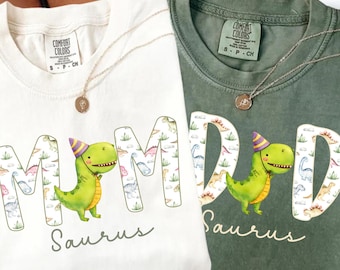 Comfort Colors® Dinosaur Family Birthday Shirts, Mamasaurus Dadasaurus Matching Tees, Custom Dino Party Outfit, Gift For Mom Dad Kids Tee