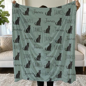 May include: A teal blanket featuring a repeating pattern of black cat silhouettes and the name "James" in a script font. The blanket is held up, showcasing the design and color.