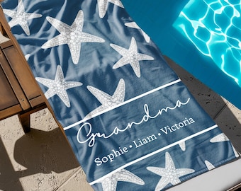 Personalized Grandma Beach Towel With Kids Names,Custom Pool Gift For Mom,Nana Summer Vacation Gift,Mother's Day Present Starfish beachTowel